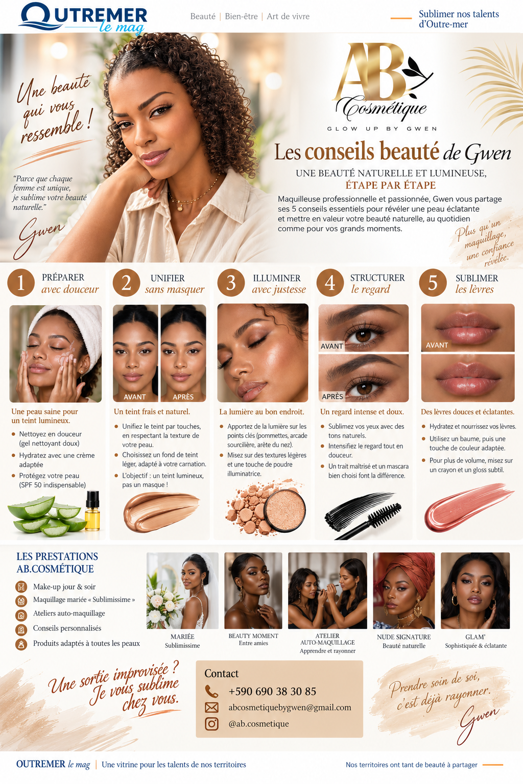 Page beauté OUTREMER le mag présentant les conseils beauté de Gwen et les prestations AB Cosmétique