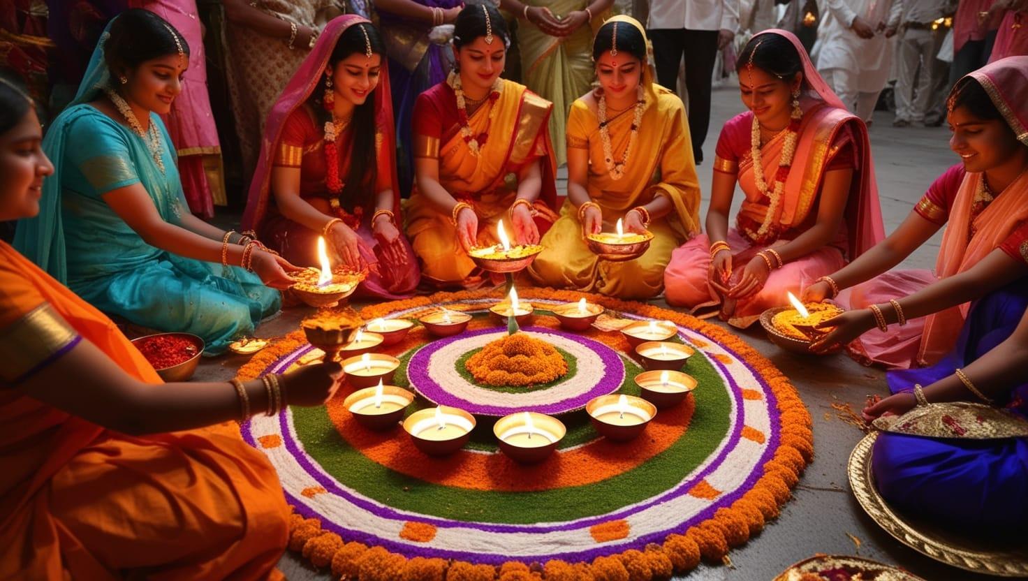 Femmes en saris réunies autour d’un rangoli illuminé de lampes pour Diwali