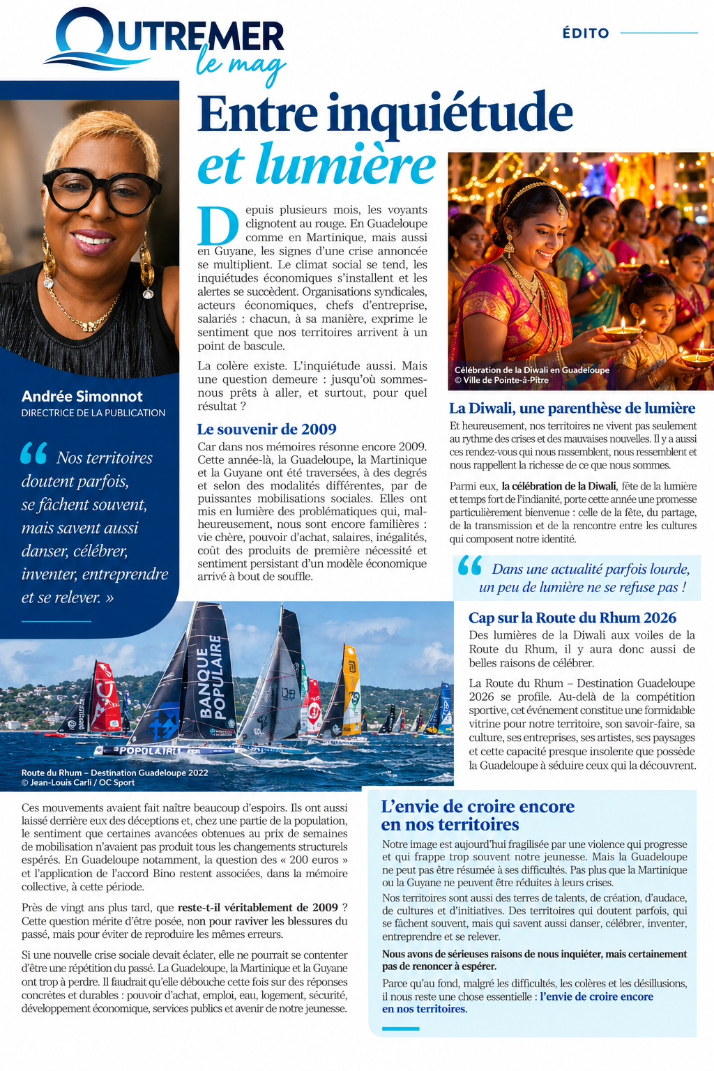 Page éditoriale OUTREMER le mag intitulée Entre inquiétude et lumière
