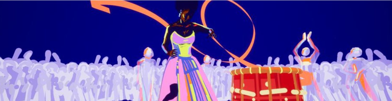 Illustration artistique colorée de Gwo Ka Odyssey avec danse et tambour